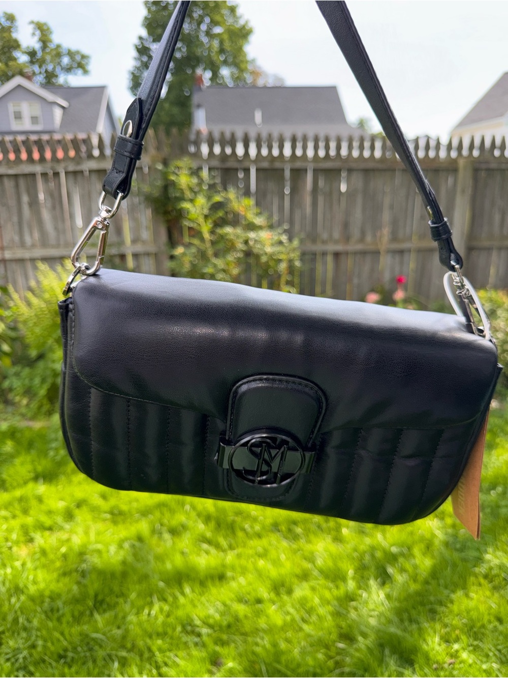Steve Madden Black Vegan Leather Quilted Shoulder Bag with Logo Clasp